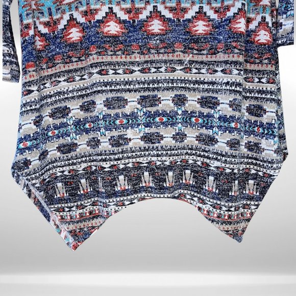 Absolutely Famous Blue & Orange Aztec Cowl Neck Knit Sweater, Lace Shoulders - Picture 5 of 7